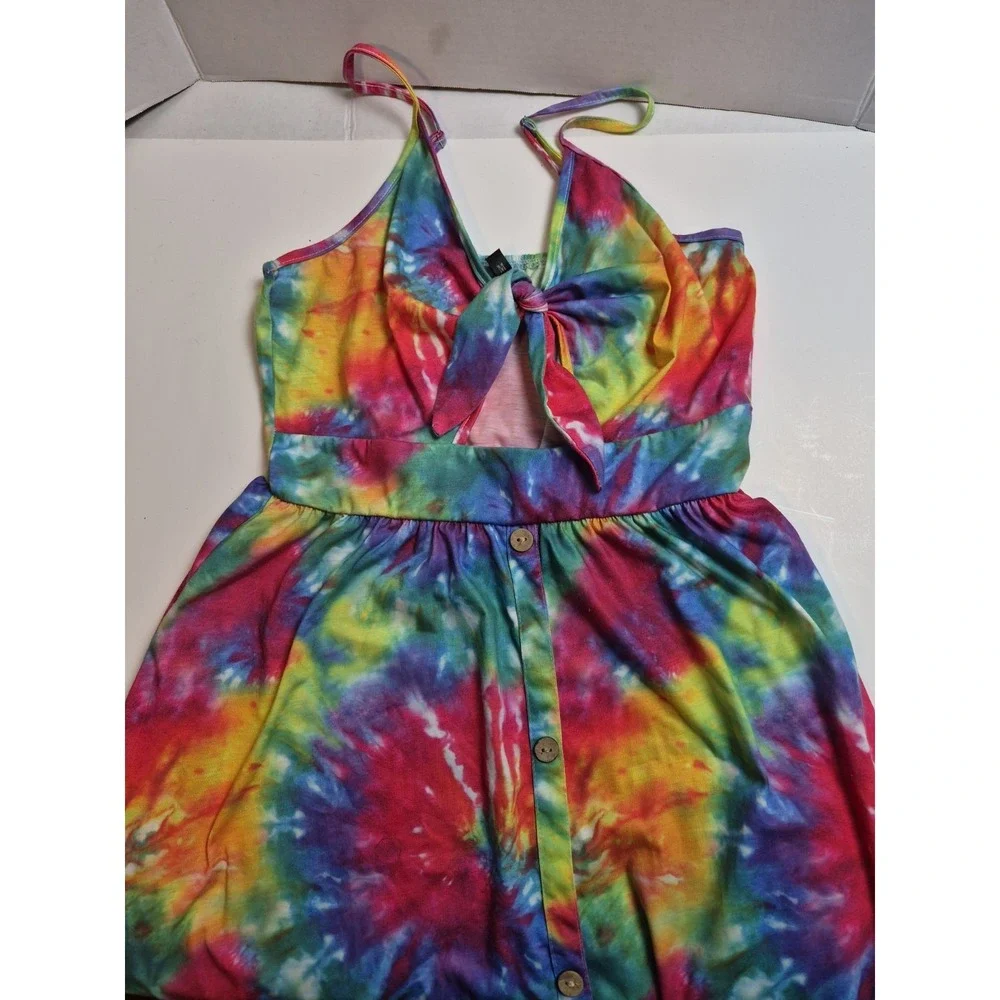 Tie Dye Strappy Short Dress M With Pockets Buttons And Cut Out Front‎ Festival